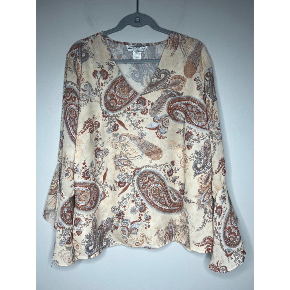 VTG Dress Barn Paisley Boho Bell Sleeve Peasant Blouse Top V-Neck 2X Western USA